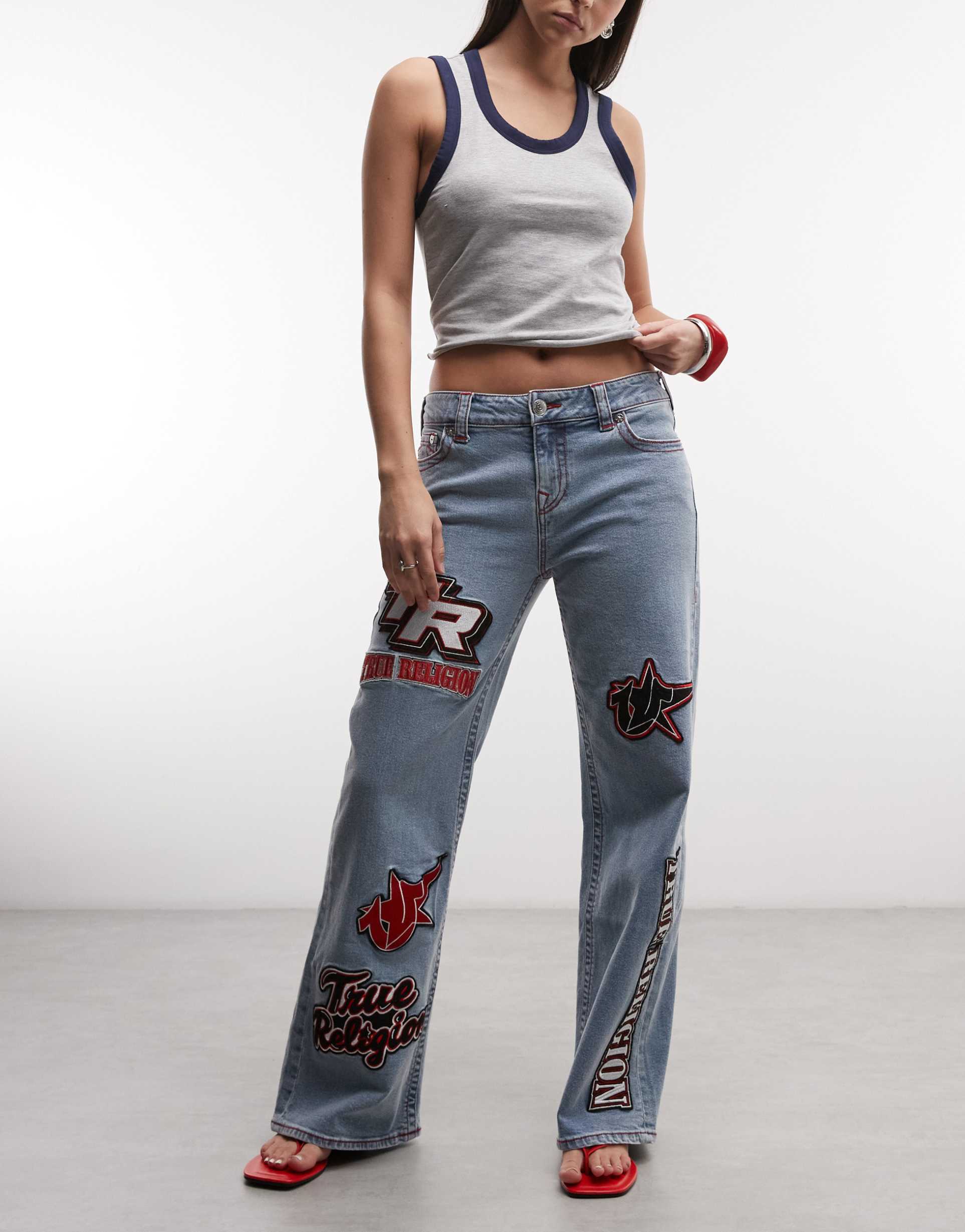 true religion bobbi baggy moto applique jeans in light wash blue