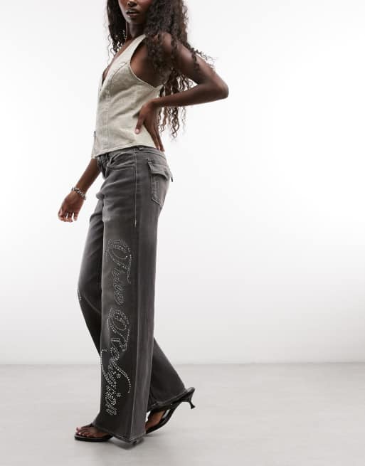 True Religion bobbi flap pocket baggy jeans med krystal-logo i vasket grå, 2 af 5