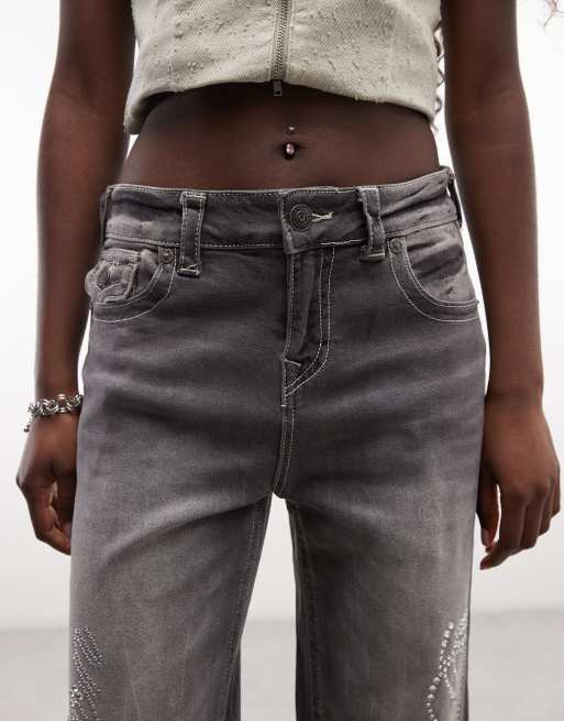 True Religion bobbi flap pocket baggy jeans med krystal-logo i vasket grå, 4 af 5