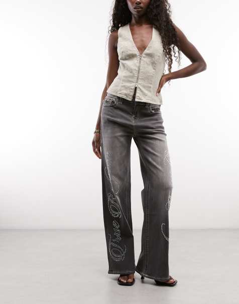 True Religion Bobbi flap pocket baggy jeans with crystal logo in washed grey - view 1