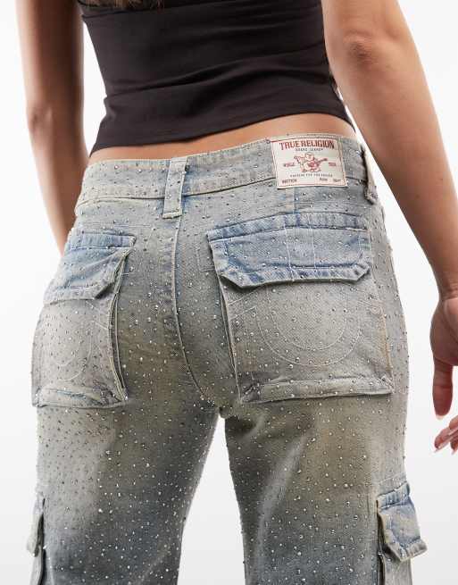 True Religion – Bobbi – Ljusblå cargobyxor med strassdetaljer, 4 av 5