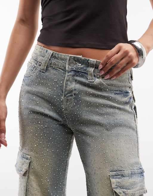 True Religion – Bobbi – Ljusblå cargobyxor med strassdetaljer, 5 av 5