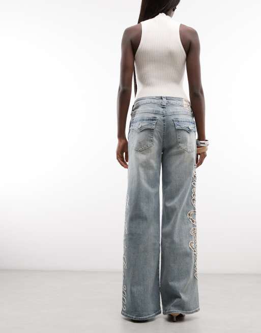 True Religion – Bobbi – Ljusblå, tvättade, baggy jeans med logga, 3 av 5