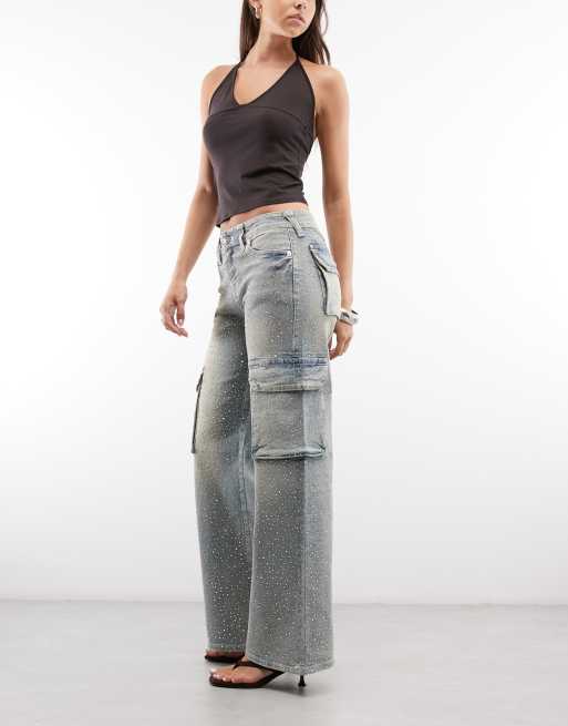 True Religion - Bobbi - Pantaloni cargo lavaggio chiaro con tinta e strass, 3 di 5