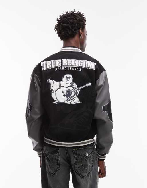 True Religion - Bomber stile college nero con maniche in pelle sintetica e toppe, 3 di 5