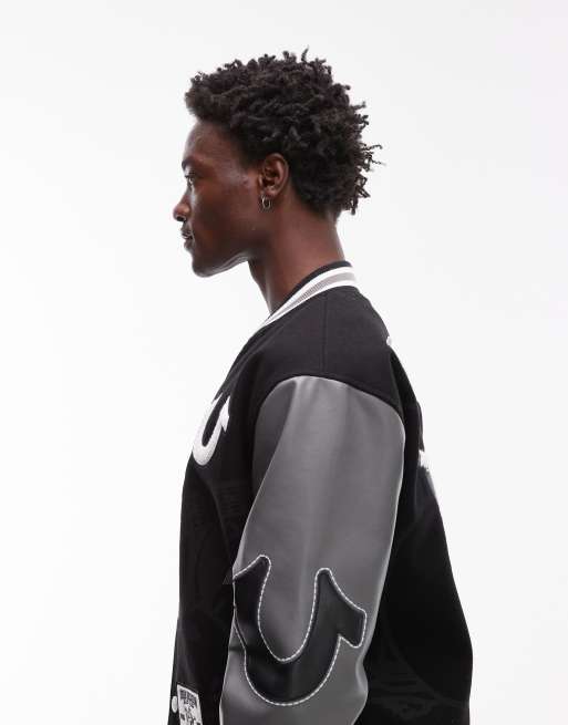 True Religion - Bomber stile college nero con maniche in pelle sintetica e toppe, 4 di 5