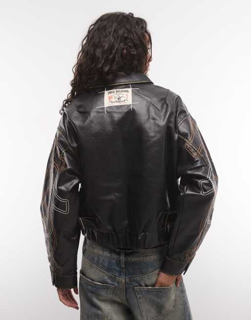 True Religion bomberjakke i PU med broderet Buddha-grafik, afslappet pasform, i sort, 3 af 4