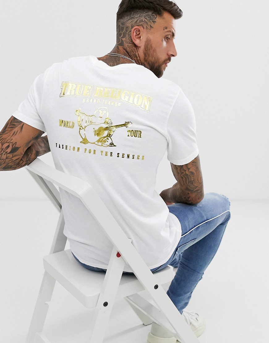 True Religion - Buddah - T-shirt bianca con logo metallizzato-Bianco