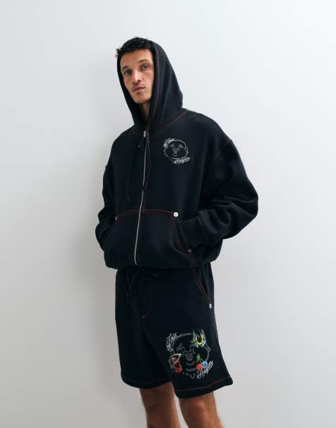 True Religion buddha face back print graphic boxy fit zip up hoodie co-ord in black - view 1