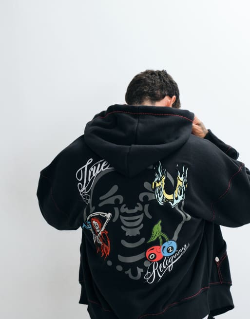 True Religion buddha face back print graphic boxy fit zip up hoodie co-ord in black, 2 of 5