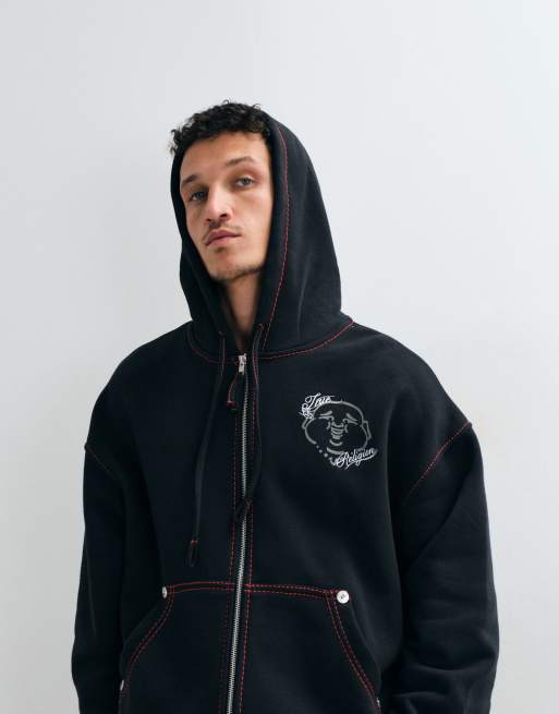 True Religion buddha face back print graphic boxy fit zip up hoodie co-ord in black, 4 of 5