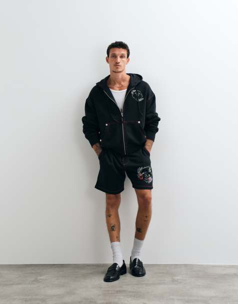 True Religion buddha face graphic hoodie and shorts co-ord in black - view 1