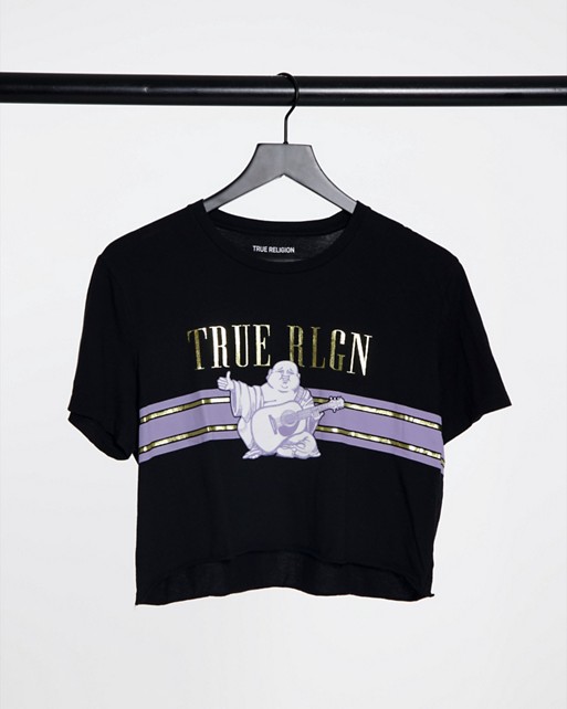 True Religion buddha graphic print cropped t shirt in black