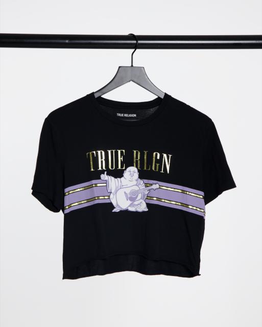 True Religion buddha graphic print cropped t shirt in black