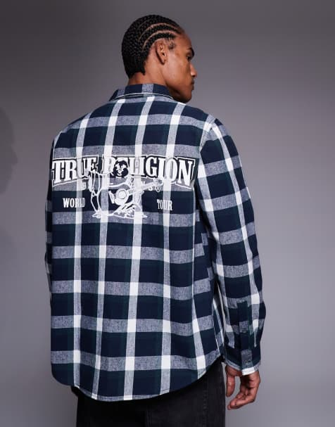 True Religion - Camicia a maniche lunghe blu a quadri con logo e stampa sul retro - view 1