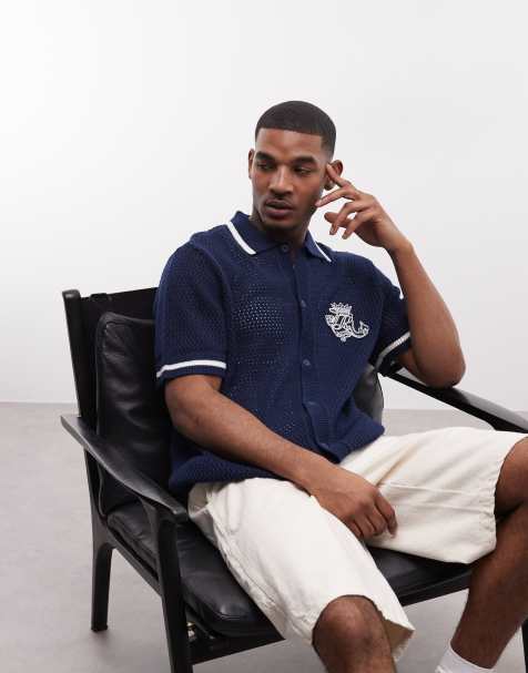 True Religion - Camicia in maglia all'uncinetto blu notte con logo - view 1