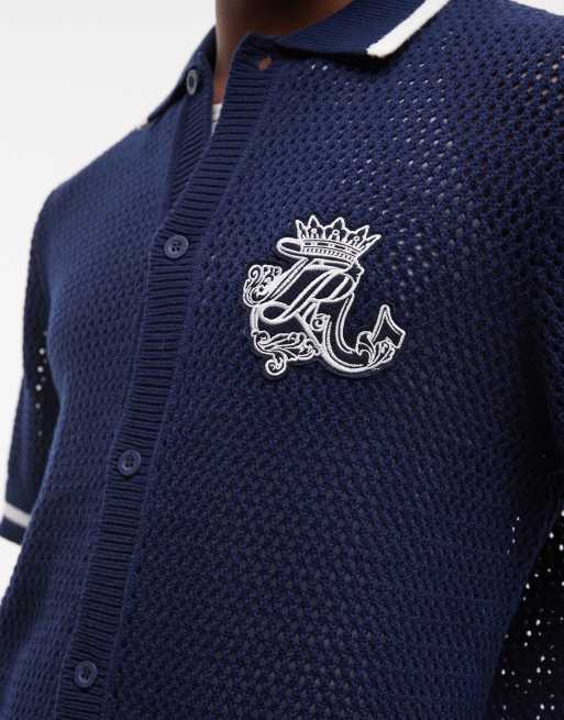 True Religion - Camicia in maglia all'uncinetto blu notte con logo, 2 di 5