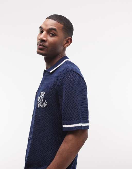 True Religion - Camicia in maglia all'uncinetto blu notte con logo, 5 di 5