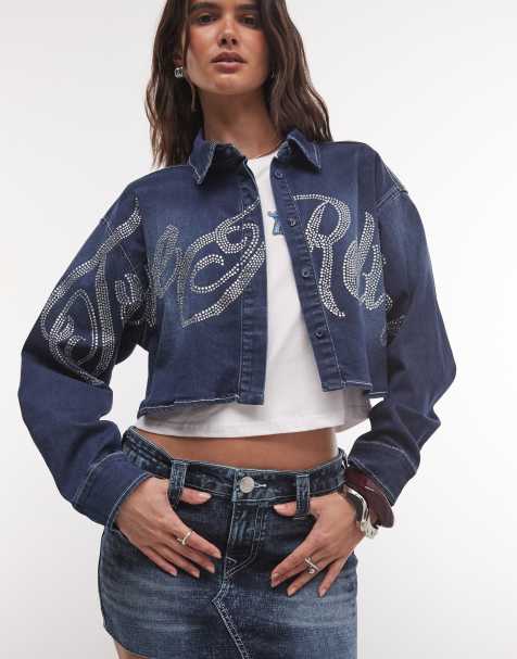 True Religion - camisa vaquera cropped azul lavado oscuro con logo de cristal adornado - view 1