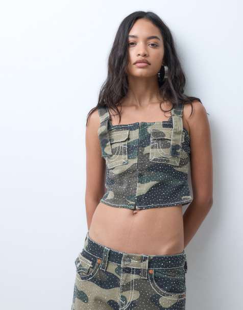 True Religion camo corset style top co-ord in dark green camo