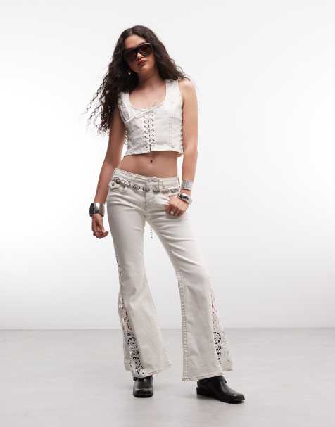 True Religion - Co-ord set met top met gehaakt detail en veters en flared jeans in wit - view 1