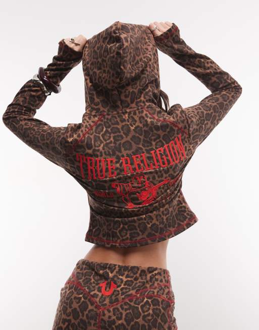 True Religion - Conjunto marrón multicolor de joggers y sudadera con capucha y estampado de leopardo, 3 de 3