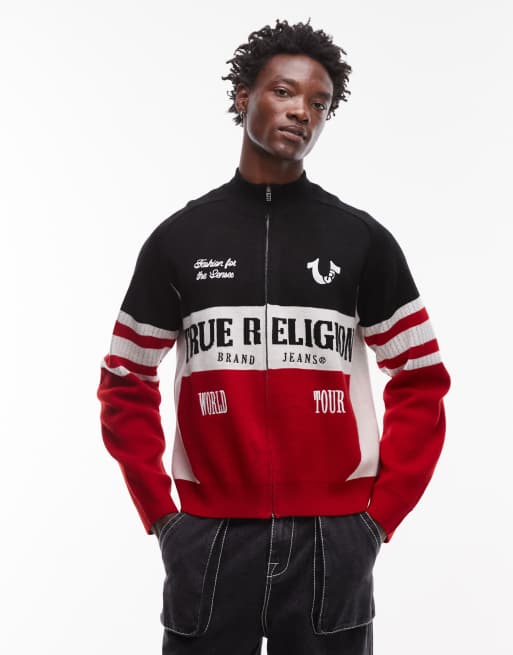 True Religion contrast panel zip up racing raglan knit top in multi