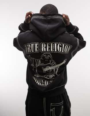 True Religion contrast stitch zip up hoodie with back graphic in black 46590₽