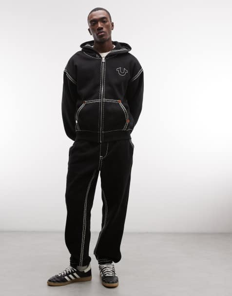 True Religion - Coordinato nero con joggers e felpa con cappuccio e zip con cuciture a contrasto - view 1