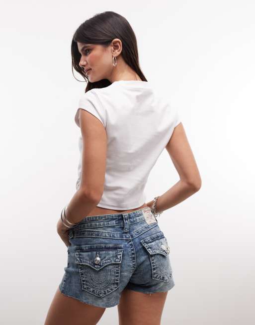 True Religion - crop top blanco con logo y cristales, fruncido lateral, 4 de 4