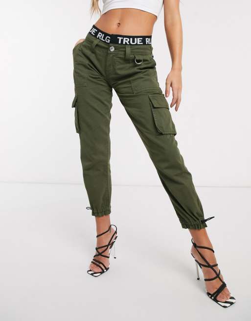 True Religion Cropped Cargo Pants With Logo Waist Band In Khaki Asos