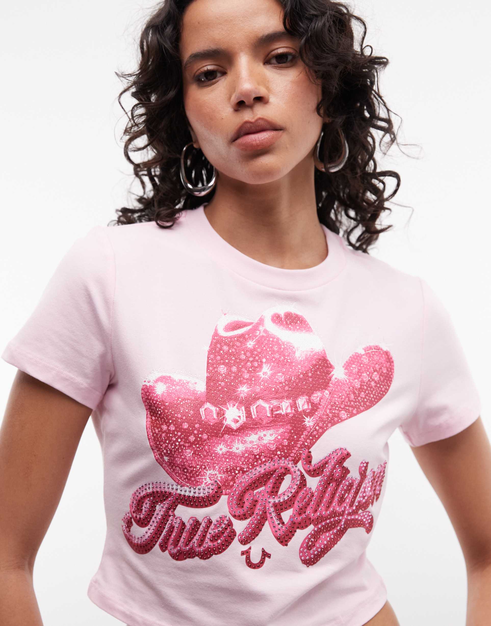true religion crystal cowgirl baby tee in pink