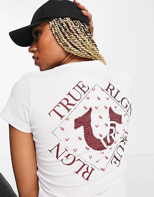 True Religion crystal foil logo slim v neck t-shirt in white