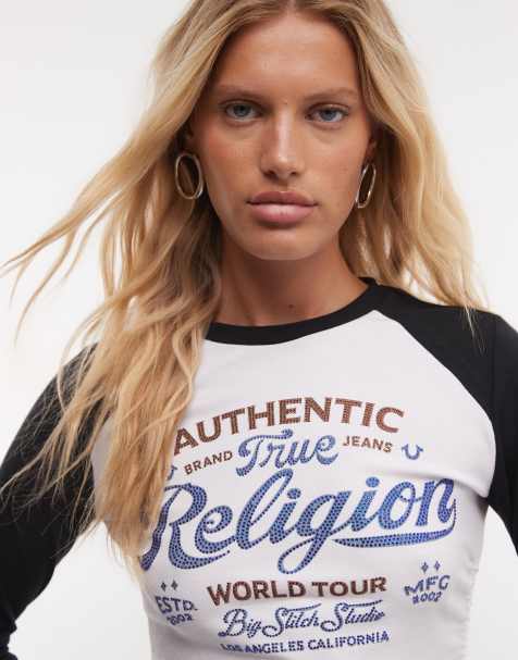 True Religion crystal graphic logo long sleeve raglan top in white/black - view 1