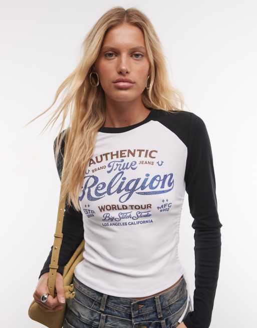 True Religion crystal graphic logo long sleeve raglan top in white/black, 2 of 4
