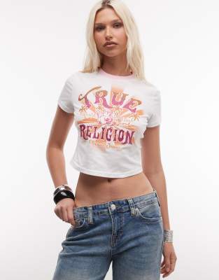 True Religion Crystal Heritage Graphic Ringer Cropped Baby Tee In White