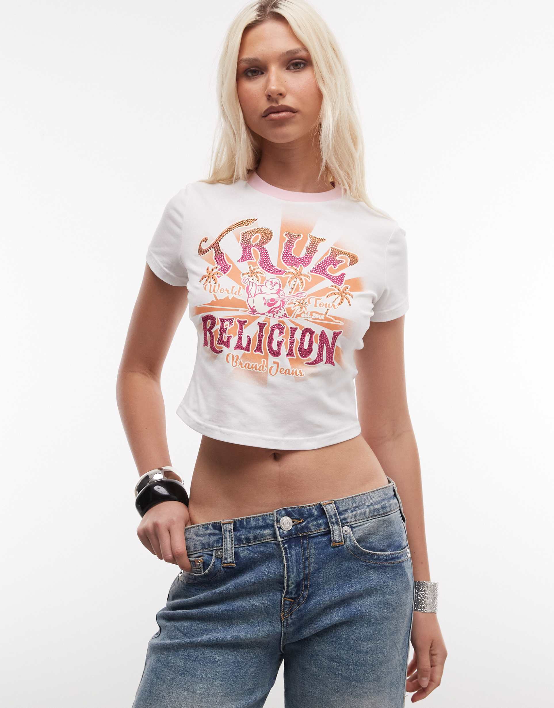 true religion crystal heritage graphic ringer cropped baby tee in white