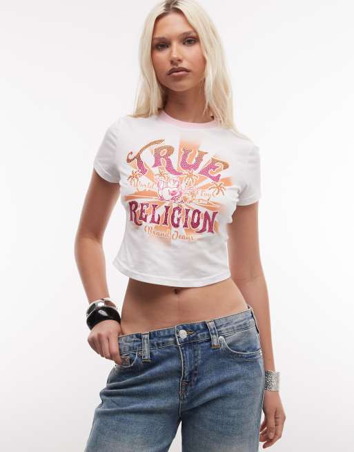 True Religion crystal heritage graphic ringer cropped baby tee in white