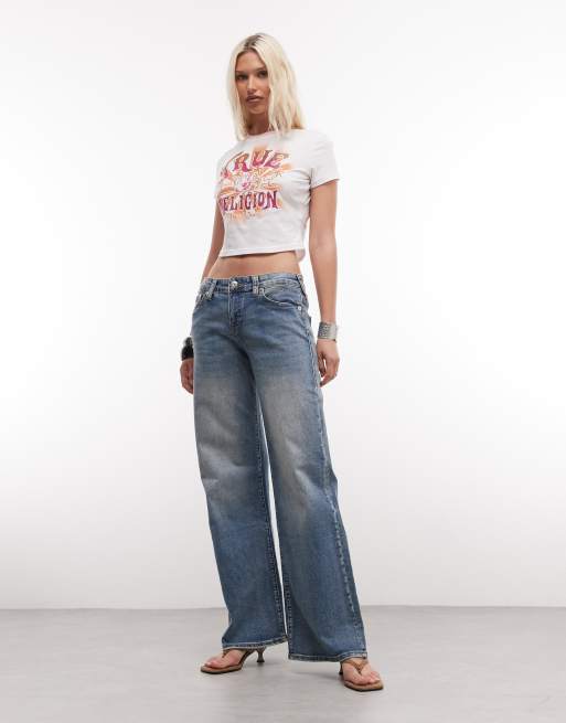 True Religion crystal heritage graphic ringer cropped baby tee in white, 2 of 4