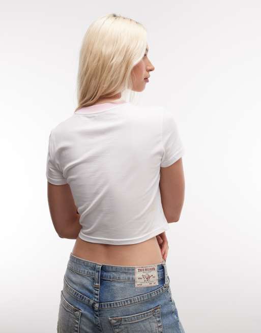 True Religion crystal heritage graphic ringer cropped baby tee in white, 3 of 4