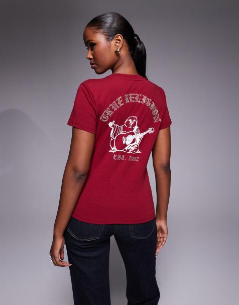 True Religion crystal logo crewneck t-shirt with back print in red