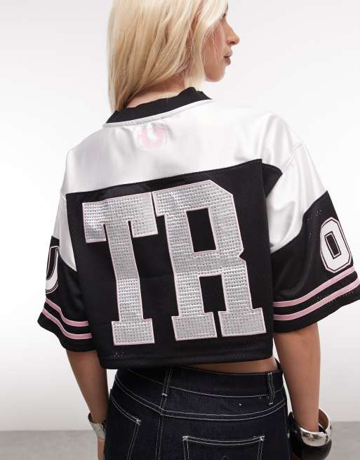 True Religion crystal sporty jersey cropped top in black/white, 2 of 4