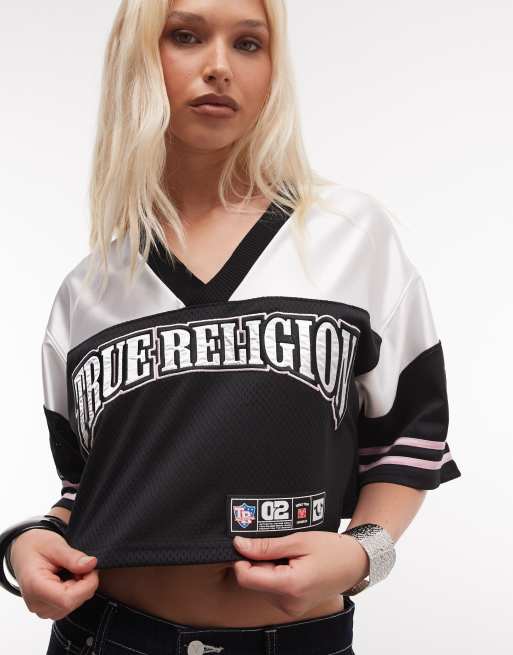 True Religion crystal sporty jersey cropped top in black/white, 4 of 4