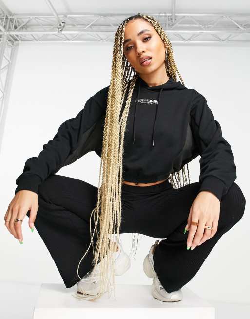 True Religion – Czarno-szara bluza w stylu vintage z kapturem i ściągaczem