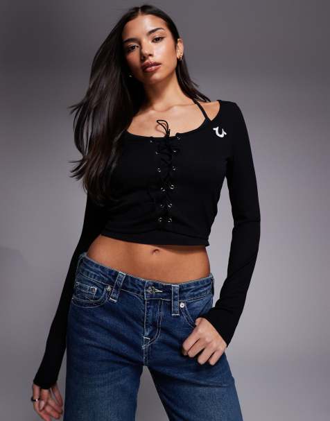 True Religion – Czarny prążkowany top z długimi rękawami, dekoltem typu halter i sznurowaniem - view 1
