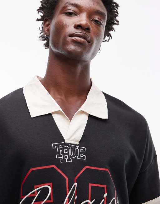 True Religion – Czarny top z dużym kontrastowym kołnierzem i sportowym nadrukiem, 5 z 5