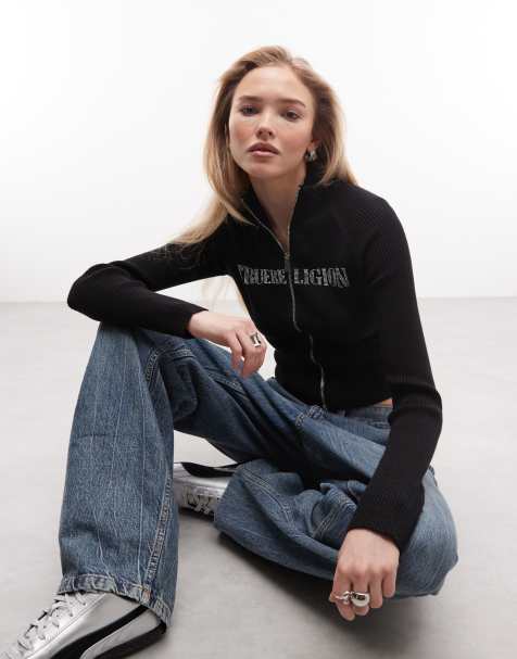 True Religion – Czarny zapinany na zamek sweter z golfem i logo z kryształków - view 1