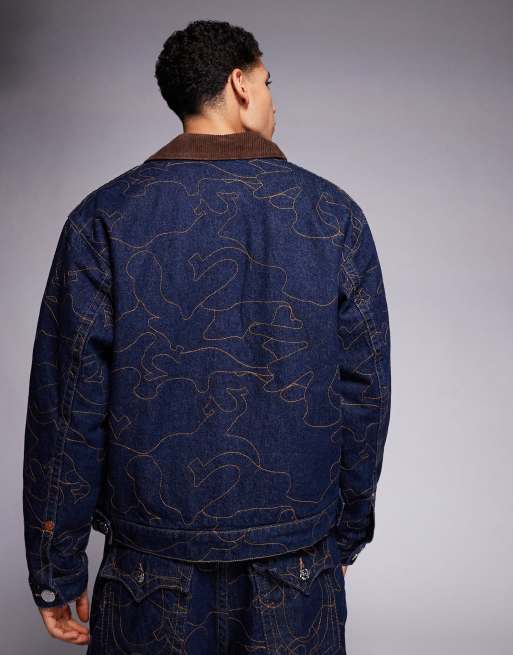 True Religion dropped shoulder embroidered workwear jacket co-ord in dark wash blue, 3 of 5
