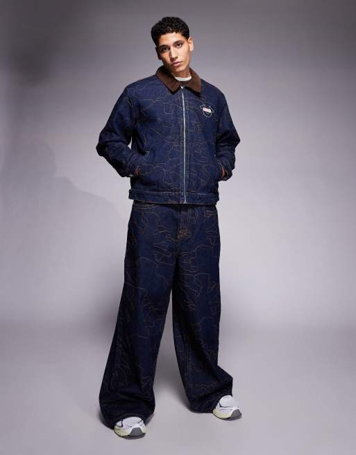 True Religion dropped shoulder embroidered workwear jacket in dark wash blue (part of a set), 2 of 5