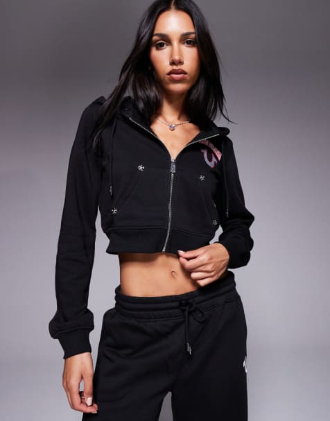 True Religion embroidered back cropped zip hoodie in black - view 1